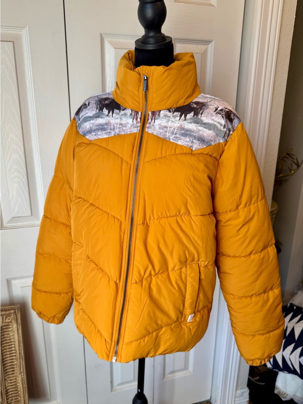 Cruel Girl Mustard Yellow Puffer Coat w/longhorn cattle